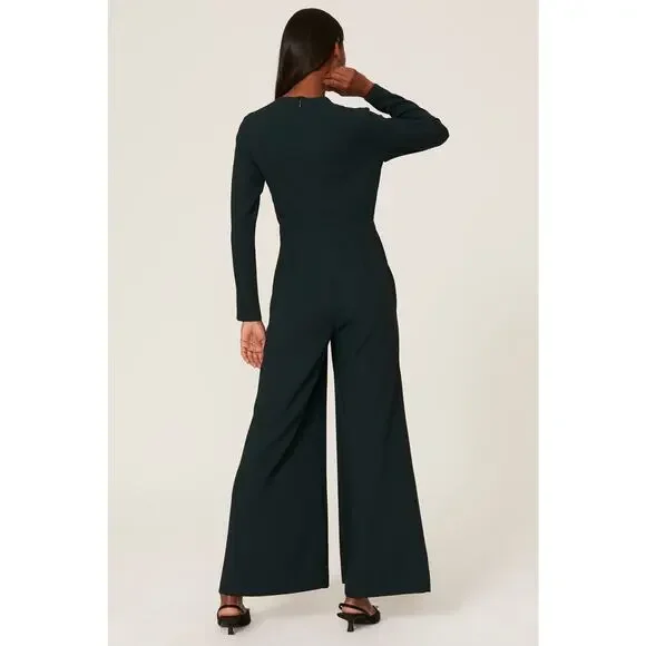 ADAM LIPPES Dark Green Crewneck Long Sleeve Wide Leg Sleek Jumpsuit Size 2